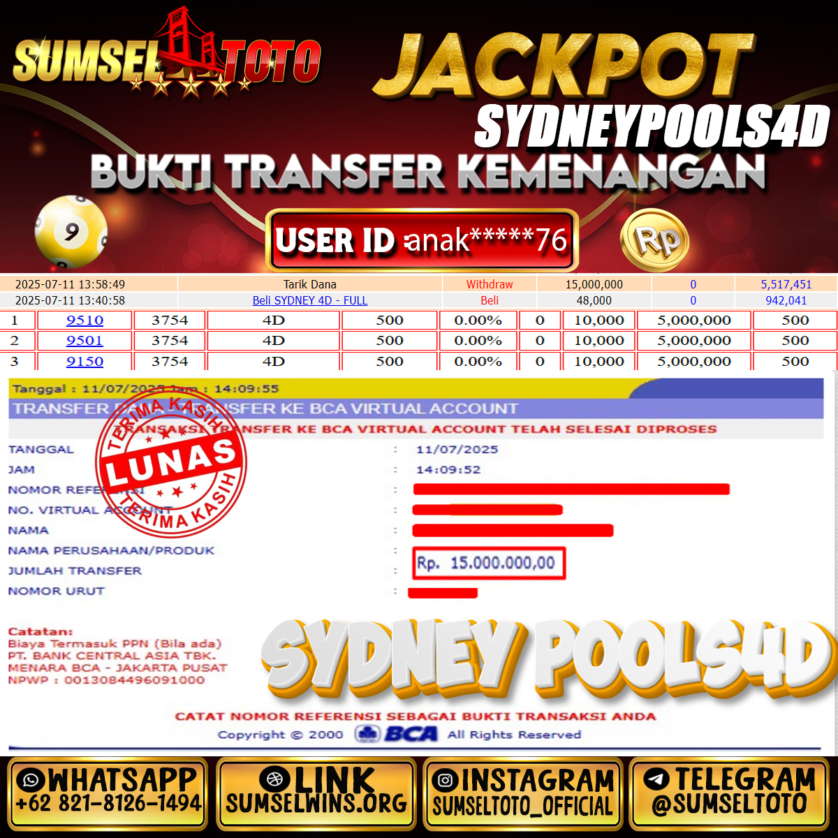 SUMSELTOTO JACKPOT SYDNEY POOLS Rp.15.000.000.,- LUNAS